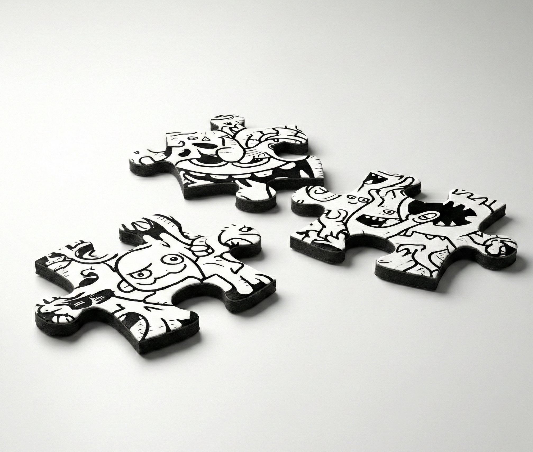 Three thick pzlwrx puzzle pieces with black-and-white illustrated artwork resting on a soft light surface