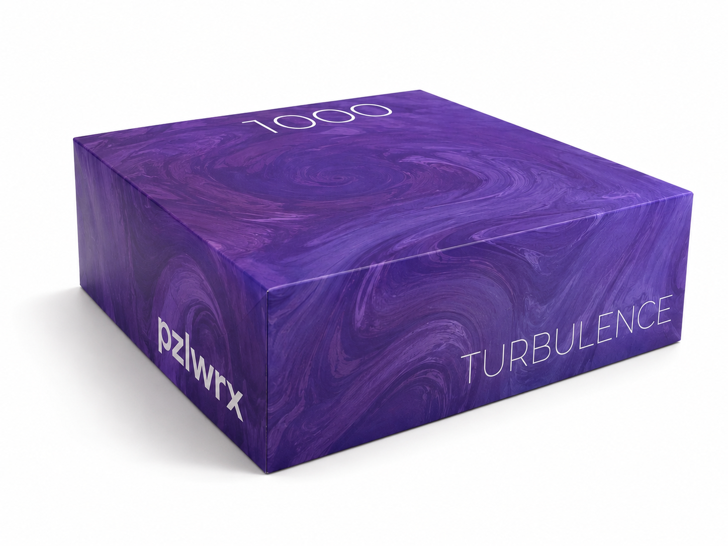 The PZLWRX Turbulence 1000-piece puzzle box, wrapped in deep purple marbled artwork